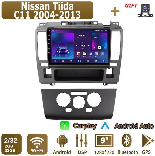 icreative Android Carplay Autoradio für Nissan Tiida C11 2004-2013 mit GPS Navigation, Bluetooth, WIFI, 4+64GB, Schwarz - Bild 1