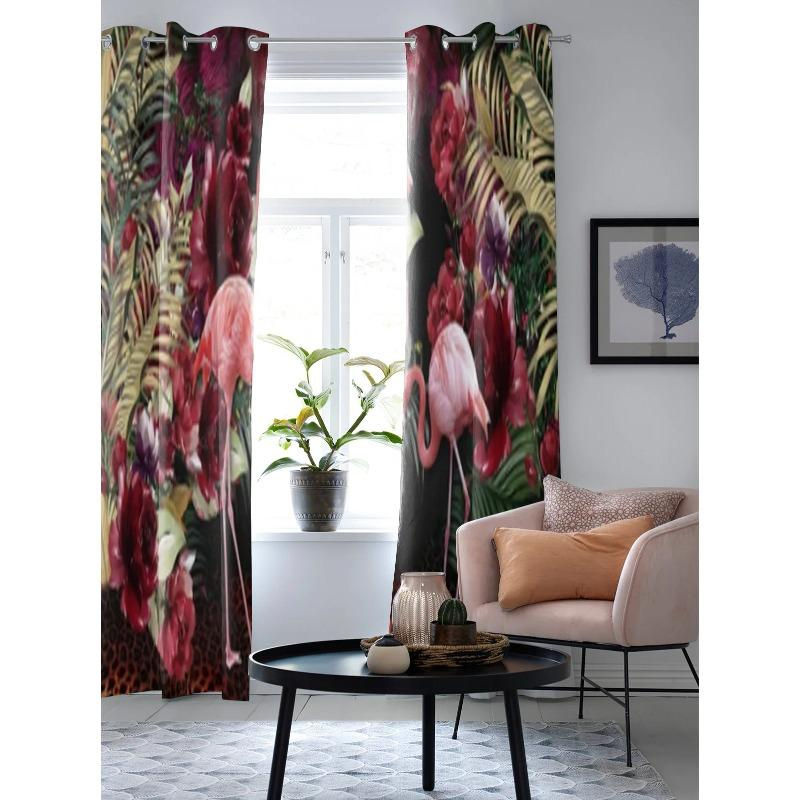 Dekorativer Flamingo Blumen Vorhang von Super Six in Grau mit botanischem Design, halbtransparent, Breite: 135 cm, Höhe: 60 cm - Bild 3