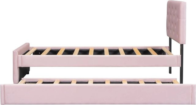 okwish Polsterbett für Kinder in Rosa mit Samtbezug, Knopfmuster und Rollcontainer, B/T/H: 90 x 200 x 104 cm - Bild 1