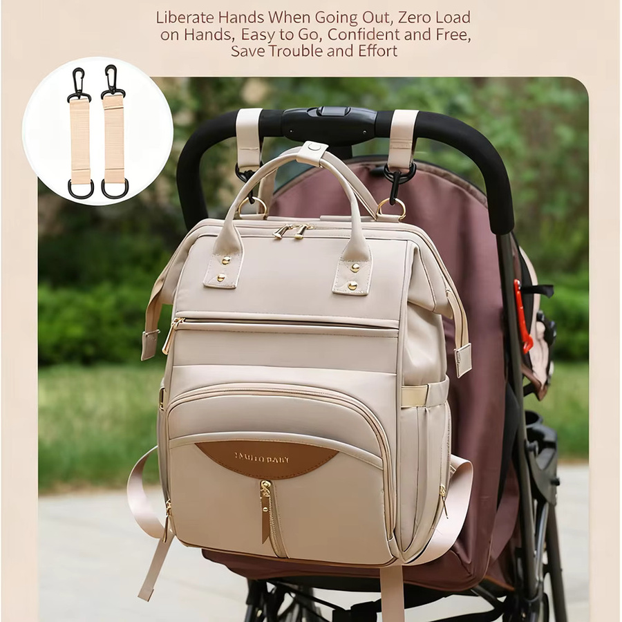 Wasserdichter Mama-Rucksack mit großer Kapazität und unabhängiger Milchaufbewahrung als Wickeltasche und Kinderwagen-Organizer in Schwarz oder Beige - Bild 2