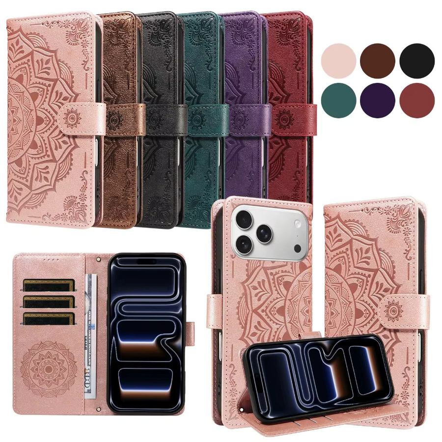 SZMUGUA Crossbody Handyhülle aus geprägtem PU-Leder mit Mandala-Design und Kartenhalter für iPhone, Farbe: Rot - Bild 5