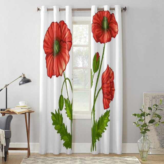 Moderne Mohnblumen Fenstervorhänge von Super Six in Rot und Weiß, semi-transparentes Design mit Blumenmuster, Breite: 135 cm, Höhe: 60 cm - Bild 1