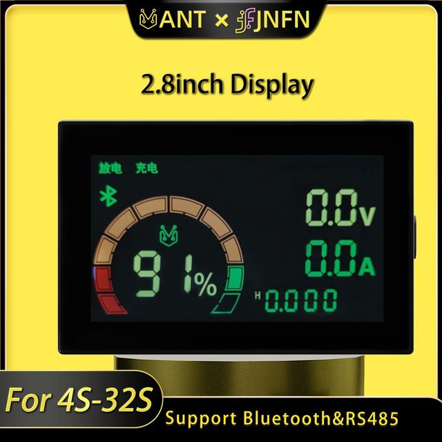 JNFN ANT BMS Bluetooth Batteriestandsanzeige mit 2,8 Zoll Display, RS485, Anzeige von Spannung, Strom, Temperatur und Coulometer-Kapazität in Schwarz - Bild 1