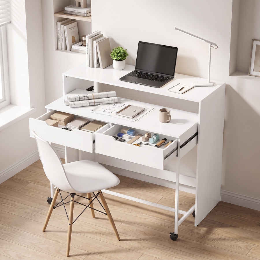 HOMCOM Ausziehbarer Computertisch mit 2 Schubladen und Rollen in Weiß, Moderner Schreibtisch mit Edelstahlfüßen für kleine Räume - Bild 2