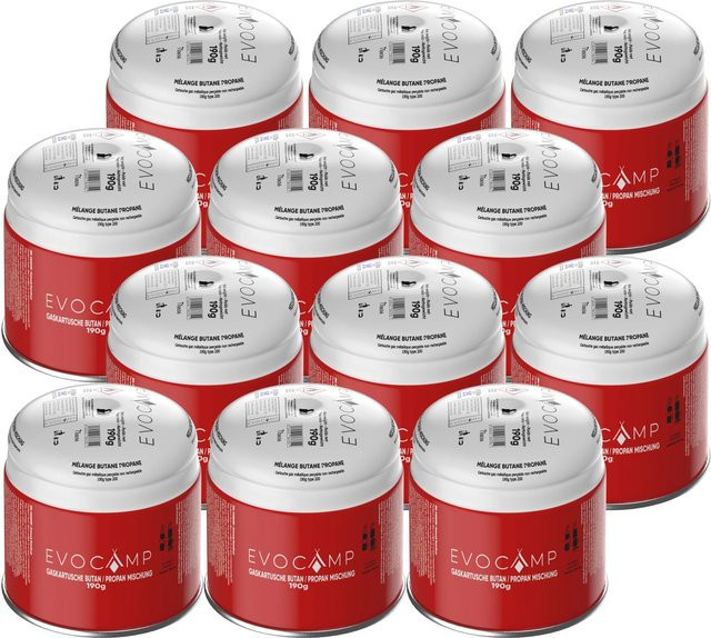 Evocamp Gaskartuschen Set 12 Stück Butan Propan 190g Stechkartusche Typ 200 EN417 mit Sicherheitsventil für Gaskocher - Bild 1