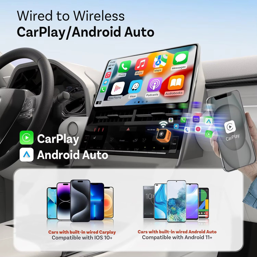 Wooboobox Kabelloser CarPlay-Adapter in Orange mit Ein-Tasten-Umschaltung zwischen zwei Telefonen und Plug & Play USB Dongle - Bild 3