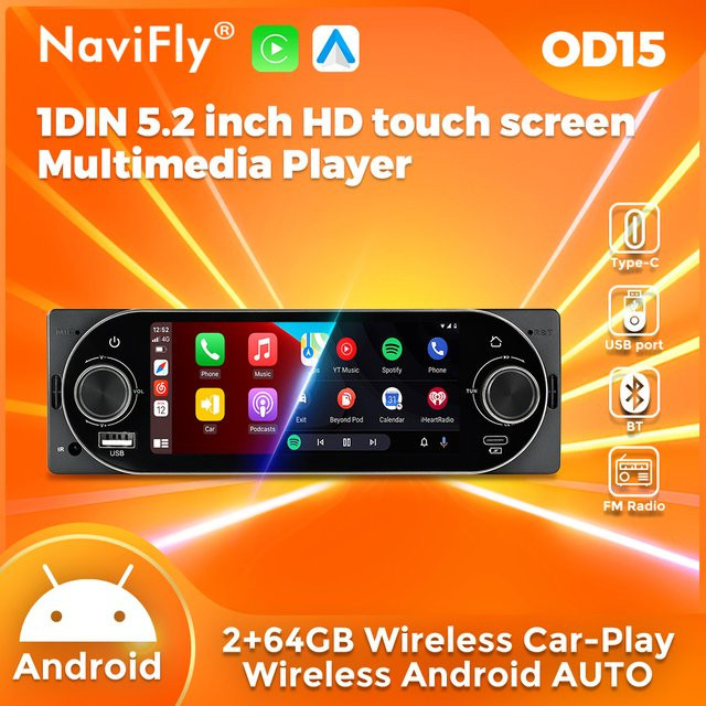 NaviFly Android 13 Universal 1Din Auto-Radio mit 5,2 Zoll Doppelknopf-Bildschirm, 2GB RAM, 64GB Speicher, kabelloses CarPlay, GPS, Bluetooth und FM in Schwarz - Bild 1