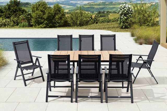OUTFLEXX Garten-Essgruppe aus Alu, Teak und Textil in Anthrazit Matt mit 8 Klappstühlen, Tisch B: 184 cm, T: 100 cm, H: 73 cm - Bild 1
