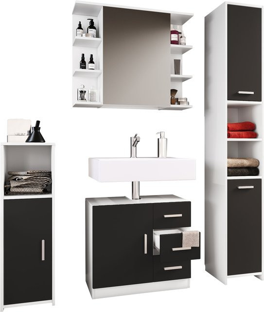 VCM Badmöbelset Zalo III in Schwarz, 4-teilig bestehend aus Unterschrank, Midischrank, Hochschrank und Spiegelschrank, B/H/T: 63 x 56 x 30 cm - Bild 1