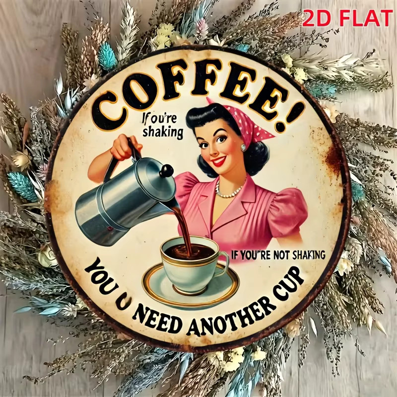 Potdemiel 2D Flat Wandkunst aus Metall im Vintage-Kaffee-Stil, rundes Retro-Dekor mit Barista-Design, Mehrfarbig, Durchmesser: 20 cm - Bild 5