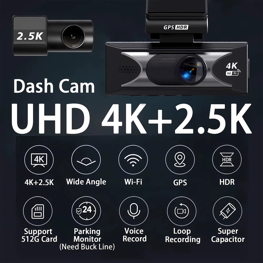 Maxtoss Dual Dash Cam mit 4K UHD Vorne und 2,5K Hinten, WIFI und GPS, Schwarz - Bild 2