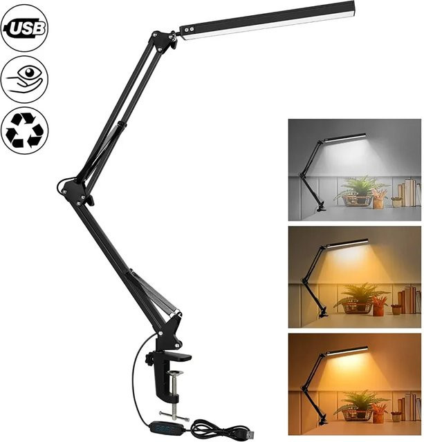 Dimmbare LED-Schreibtischlampe mit Klemme und Schwenkarm, augenschonende Schreibtischleuchte mit 10 Helligkeitsstufen und 3 Beleuchtungsmodi, USB-Anschluss, Weiß oder Schwarz - Bild 1