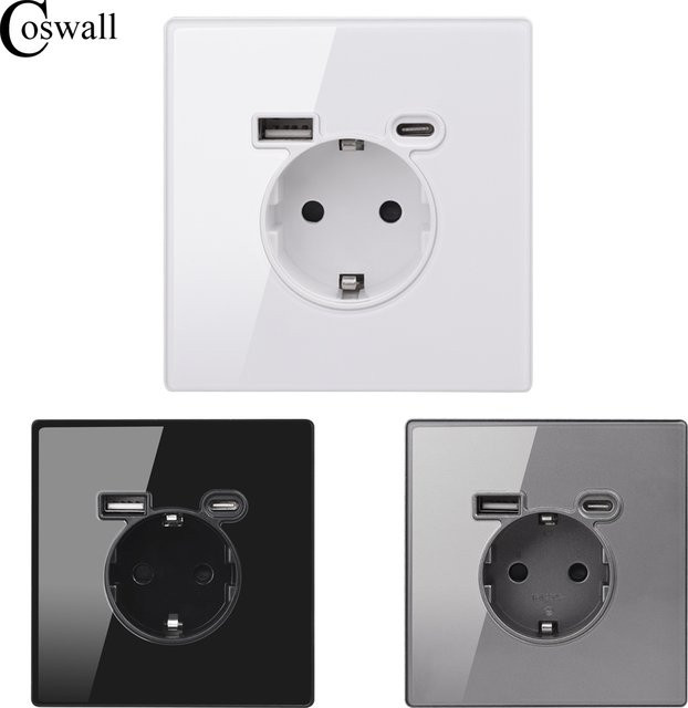 Coswall Wandsteckdose mit Glasfront und 2 USB-Ladeanschlüssen, Typ A-C, flammhemmend, transparent - Bild 1