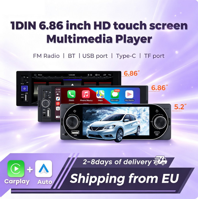 MEKEDE Multimedia-Autoradio MP5-Player mit 5,2 Zoll und 6,86 Zoll HD-Touchscreen, 1DIN Universal, Bluetooth, Wireless Carplay, Android Auto, USB Typ-C und FM Stereo, Schwarz - Bild 1