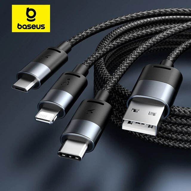 Baseus 3-in-1 USB-Schnellladegerät und Datenkabel mit Micro-USB und USB-C in Schwarz - Bild 1