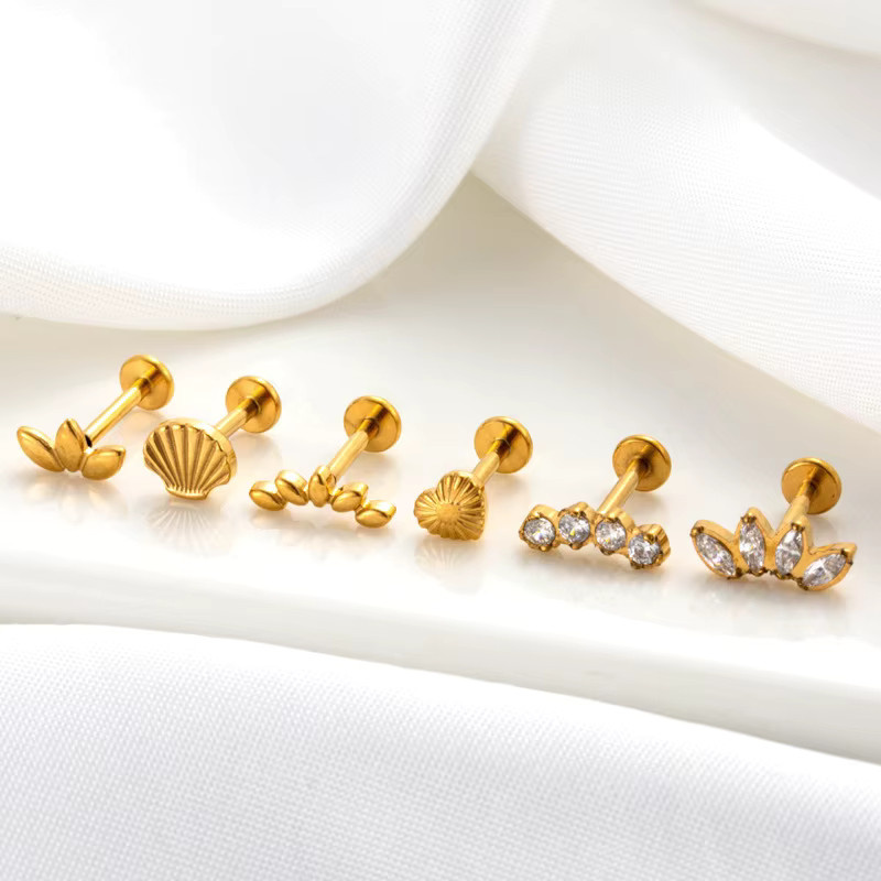 Mling Ohrringe, Blumen/Muschel-Flachback-Knorpelstecker, Titan, Gold, Unisex - Bild 1