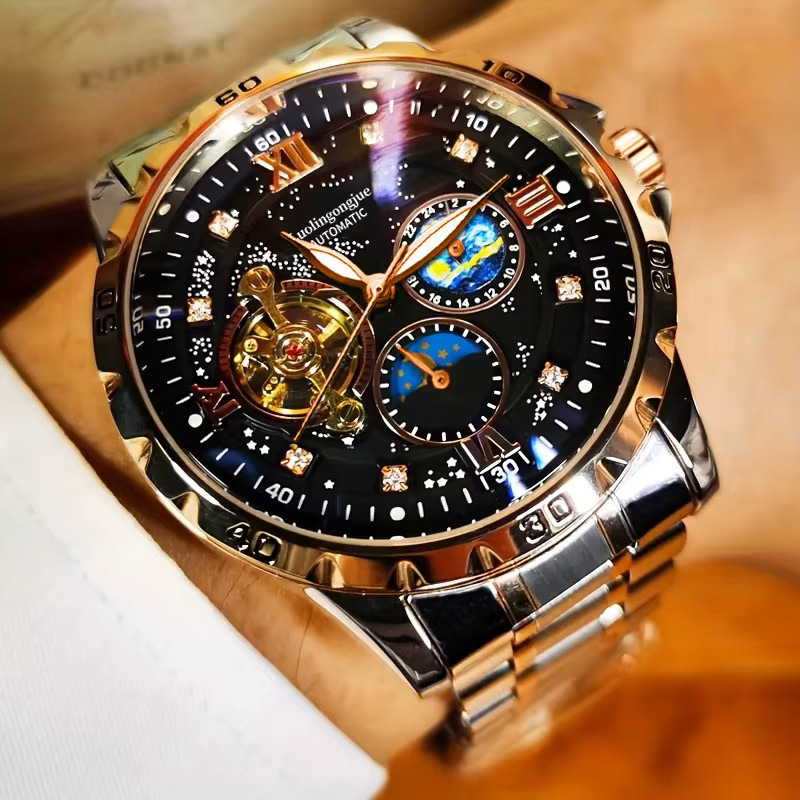 LUOLINGONGJUE Armbanduhr Automatik, Edelstahl, Roségold, Leder, Herren - Bild 4