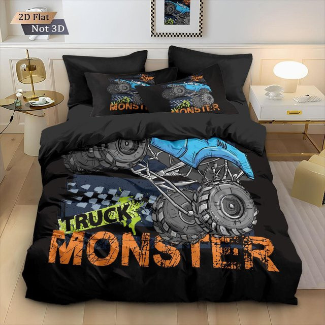 Flylo M-Monster Truck Bettwäscheset mit 3D-Druck für Kinder, bestehend aus Bettbezug und Kissenbezug, Farbe Schwarz, Bettbezug B x H: 173 x 218 cm, Kissenbezug: 50 x 70 cm - Bild 1