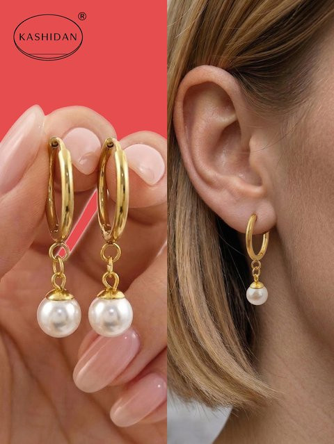 KASHIDAN Ohrringe, Edelstahl, Gold, Perle, Damen, Vintage - Bild 1