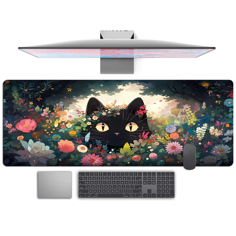 Großes Gaming-Mauspad mit schwarzen Katzen und Blumen in Schwarz-Multicolor, rutschfeste Schreibtischunterlage mit genähten Kanten und Gummiunterseite - Bild 2
