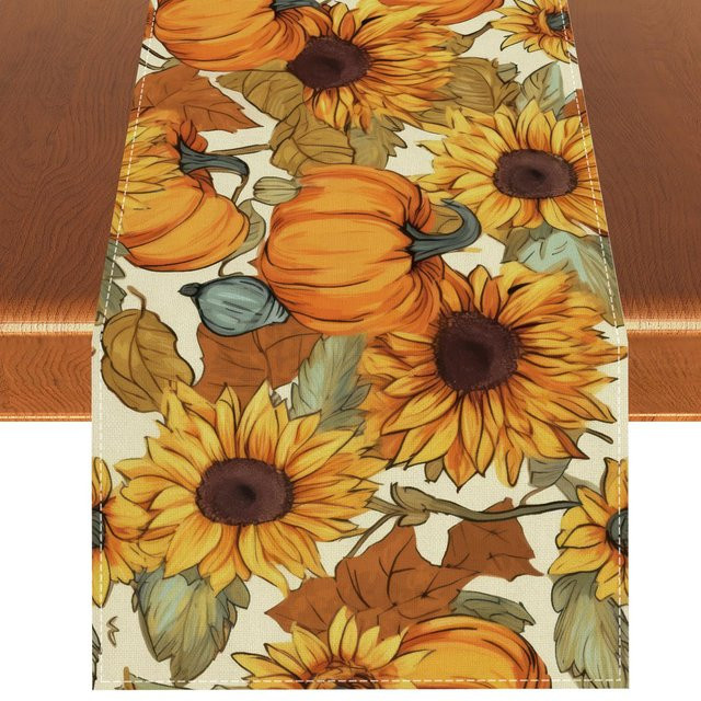 VIKAMA Tischläufer mit Aquarell-Kürbis- und Sonnenblumen-Motiv in Mehrfarbig, Landhausstil Herbst-Dekoration, B/H: 90,0 x 33,0 cm - Bild 1