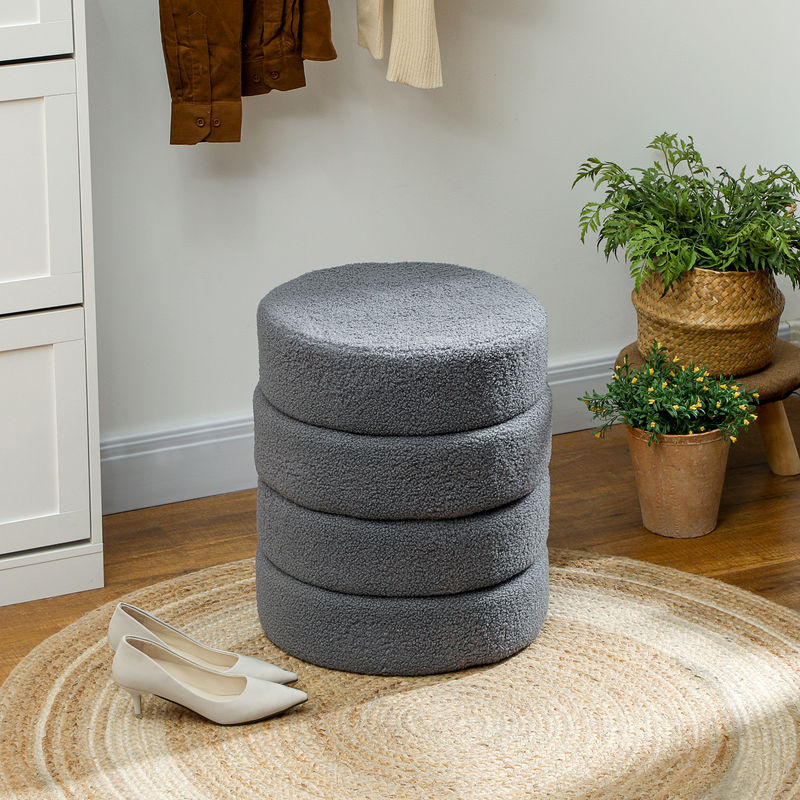 HOMCOM Sitzhocker und Fußhocker aus Teddy-Fleece in Grau, runder Polsterhocker mit Stahlgestell, Durchmesser: 40 cm, Höhe: 45 cm - Bild 2