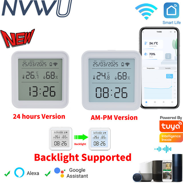 Tuya Smart Home WIFI Temperatur- und Feuchtigkeitssensor in Weiß mit Hintergrundbeleuchtung, kompatibel mit Smart Life, Alexa und Google Assistant - Bild 1