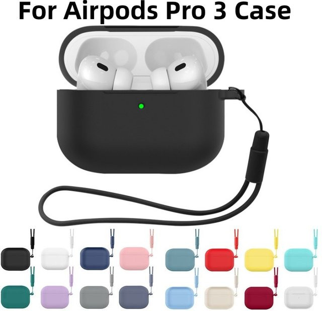 Apple AirPods Pro 3 Hülle aus weichem Silikon in Schwarz inklusive Reinigungsset und Lanyard - Bild 1
