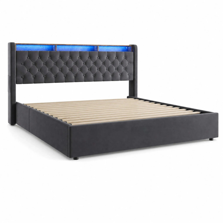 okwish Polsterbett mit LED-Beleuchtung und Bettablage in Dunkelgrau, B/T/H: 180 x 200 cm - Bild 2
