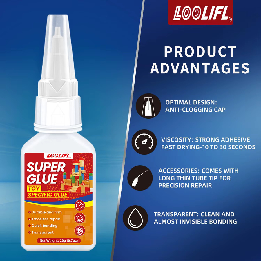 LOOLIFL Cyanacrylat-Kleber transparent, 20 g schnell trocknende Reparaturflüssigkeit für Spielzeug, Gummi, Glas, Holz, Metall und Kunststoff - Bild 6