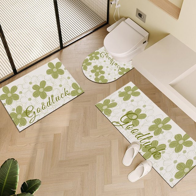 VIKAMA 3-teiliges Set U-förmige Toilettenbodenmatte für das Badezimmer, rutschfester und wasserabsorbierender PVC-Teppich mit floralem Design in Grün - Bild 1