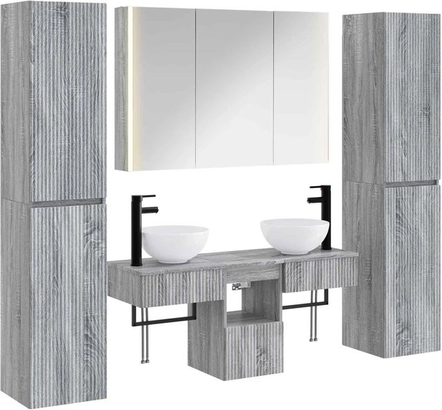 vidaXL Badezimmermöbel-Set 6-teilig in Grau, modern gestaltetes Set aus Ingenieurholz und Glas mit LED-Beleuchtung und Wandmontage - Bild 1