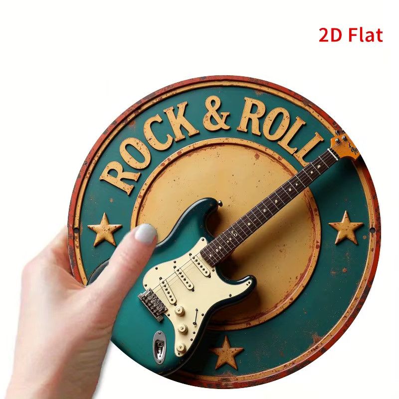 Potdemiel 2D Flat Vintage Rock & Roll Gitarren-Wandkunst aus Metall mit Herbstblättern und Sternen-Design, B: 20 cm, H: 20 cm, T: 1 cm - Bild 3