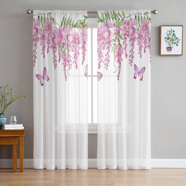Super Six Transparente Tüll-Vorhänge mit Rosa Glyzinien Blumen im Aquarell-Design, Weiß, Breite: 135 cm, Höhe: 114 cm - Bild 1