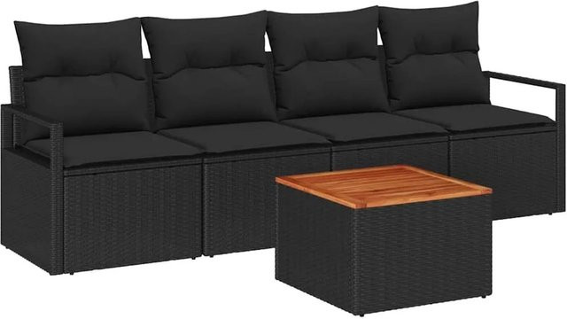 vidaXL Garten-Sofa-Set aus Poly Rattan in Schwarz, 5-teilig mit Kissen und Tisch, wetterfest und UV-beständig - Bild 1