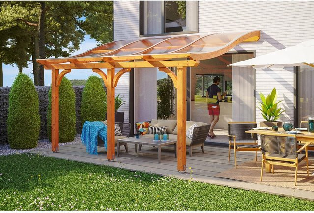 Skan Holz Terrassenüberdachung Venezia aus Leimholz in Eiche hell mit Polycarbonat-Dach, B/T: 434 x 389 cm - Bild 1