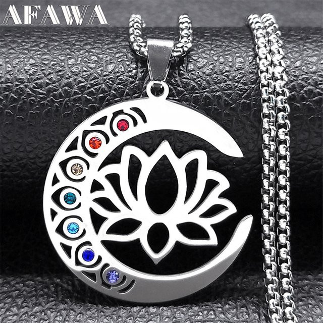 AFAWA Halskette, Blumen-Lotus-Mond-Anhänger, Edelstahl, silberfarben, Unisex - Bild 1