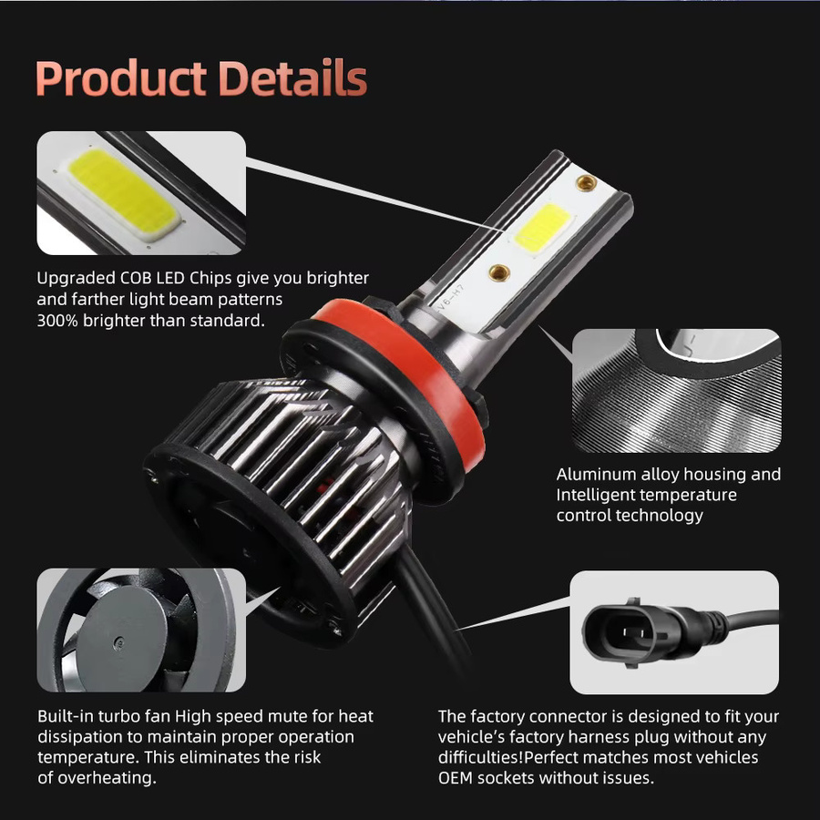 KINGSOFE 4-teiliges LED-Scheinwerfer-Set H11 HB3 Turbo-Lampen 30000LM 6000K in Silber für Toyota Auris E15 - Bild 4