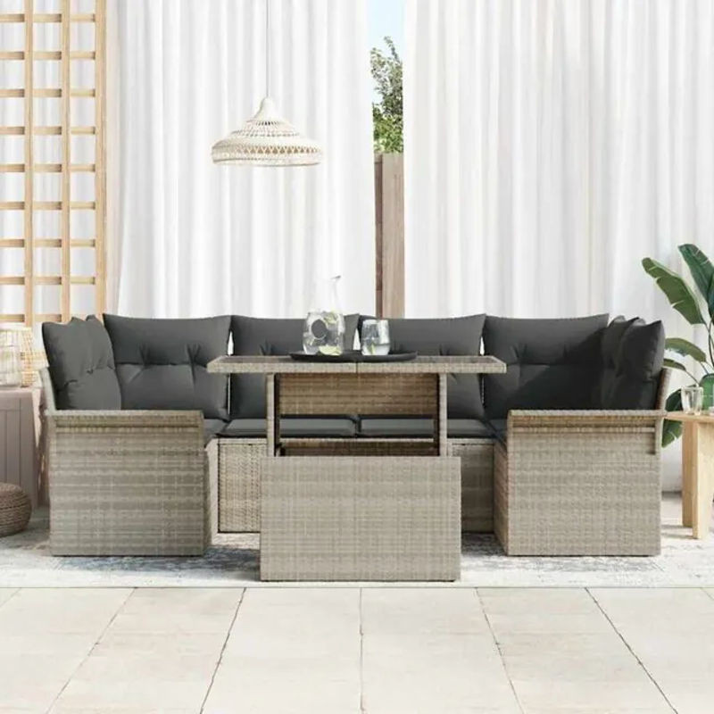 7-teiliges Garten-Sofa-Set aus Poly-Rattan mit Kissen in Hellgrau von vidaxl - Bild 1