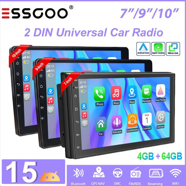 ESSGOO Universelles 2-DIN Android 15 Autoradio mit 4GB RAM und 64GB Speicher, kabelloses CarPlay und Android Auto, GPS Navigation, Bluetooth, WLAN und Touchscreen in Schwarz - Bild 1