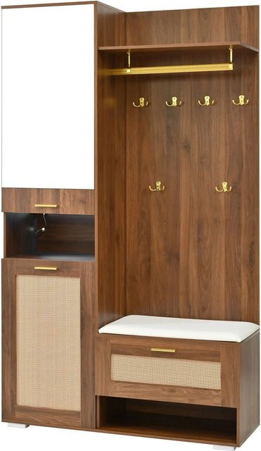 okwish Garderoben Set mit Spiegel, Schuhschrank und Sitzbank in Braun, B/T/H: 110 x 38 x 190 cm - Bild 1