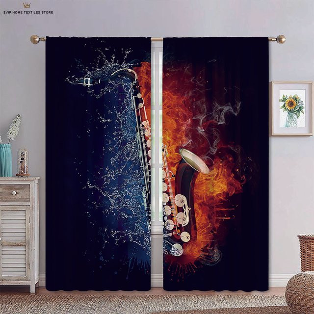 Yiran Furniture Dekorative Vorhänge im 2er-Set mit Wasser- und Feuermusikgitarre Motiv, halbtransparent, Polyester, Mehrfarbig, Breite: 50 cm, Höhe: 130 cm - Bild 1