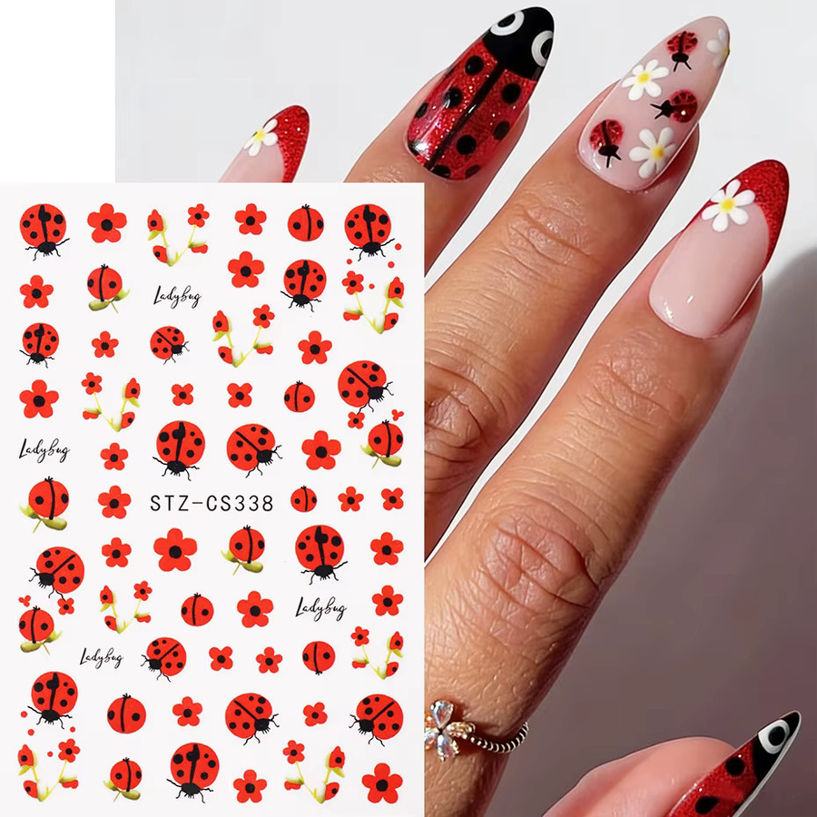 Full Beauty Nagelaufkleber Marienkäfer mit roter Blume, 2 Stück, glänzend - Bild 2