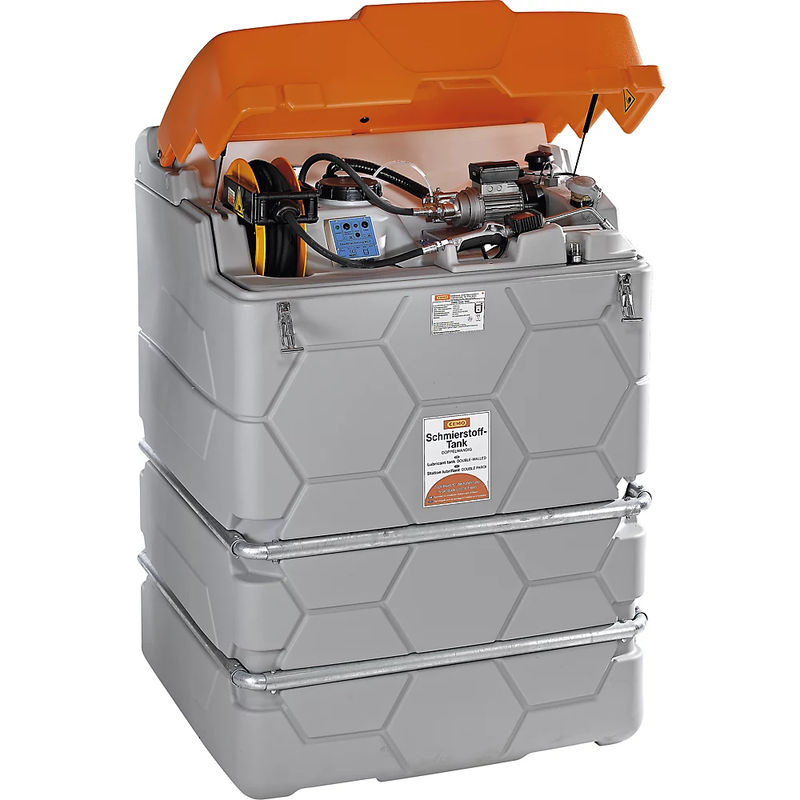 CEMO CUBE Outdoor Premium Schmierstofftankanlage in Grau und Orange mit 230 V Elektropumpe, 15 m Schlauch und Klappdeckel, B/T/H: 180 x 120 x 120 cm - Bild 2