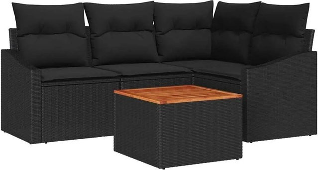vidaXL Garten-Sofa-Set aus Polyrattan in Schwarz mit 5 Teilen, L-Form mit Eckelement, Couchtisch und Kissen für Terrasse und Garten - Bild 1