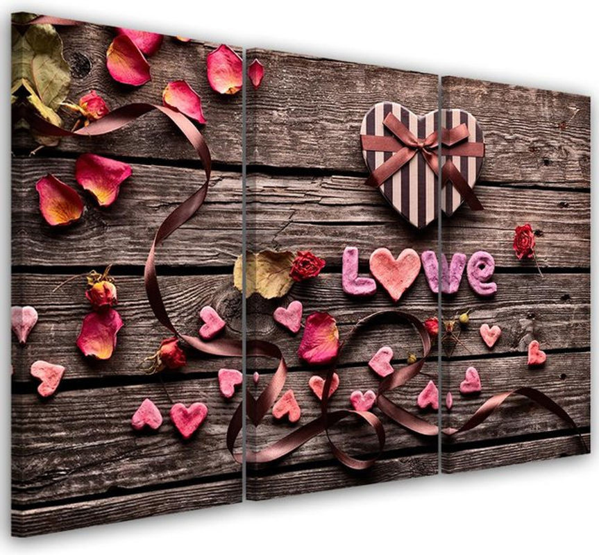 Feeby Leinwandbild Herz Liebe Vintage Blumen in drei Teilen, Rosa und Mehrfarbig, B: 60 cm, H: 40 cm - Bild 1