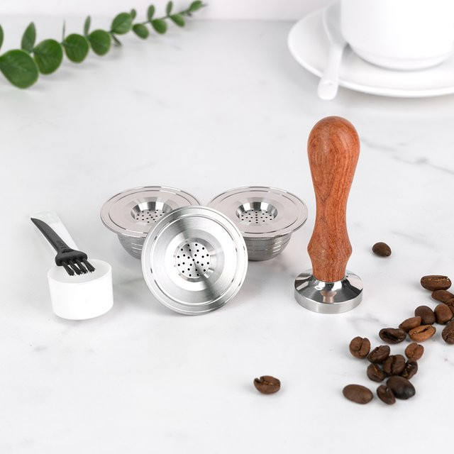 Wiederverwendbare Kaffeekapsel von dalinwell aus Edelstahl in Silber, kompatibel mit Bialetti Coffee Brewers, nachfüllbarer Filterkegel mit Tamper-Espressotasse, rund - Bild 1