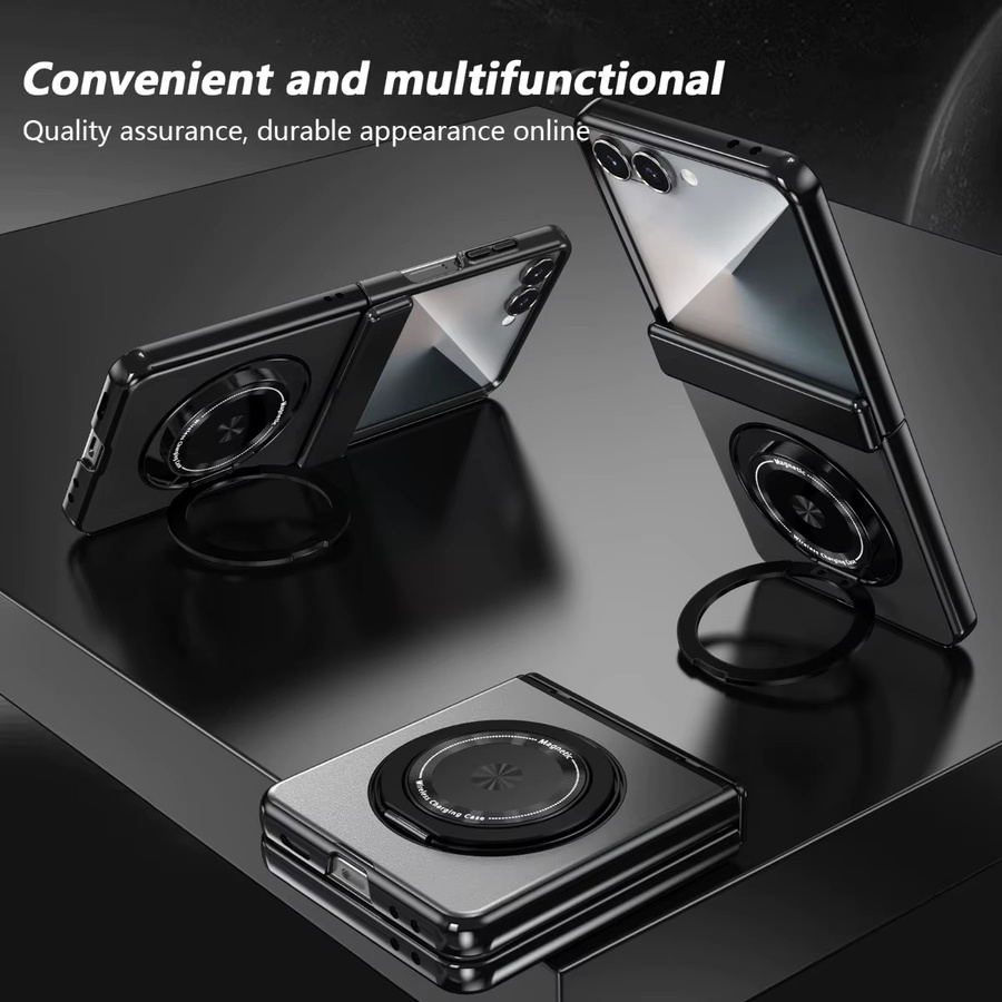 Samsung Handyhülle mit 360 Grad drehbarem Ringhalter, magnetischem Scharnierschutz und gehärteter Filmabdeckung für Galaxy Z Flip 7 6 5 4 3 in Schwarz - Bild 2
