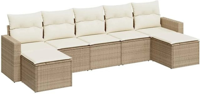 vidaXL 7-teilige Garten-Sofagarnitur in L-Form aus Poly-Rattan in Beige mit Sitz- und Rückenkissen - Bild 1