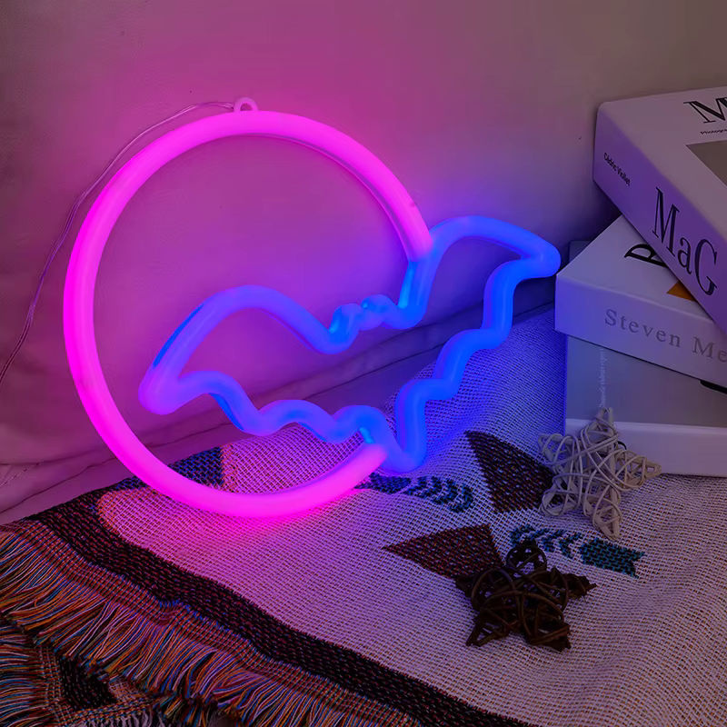 Fledermaus-Neonschild mit Mond-Motiv als LED-Dekoration für Wand und Tisch, betrieben mit USB oder 3-AA-Batterien - Bild 2